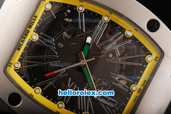 Richard Mille RM 005 Automatic Movement Silver Case with Yellow Border and Silver Rome Numeral Marker-Black Leather Strap - Click Image to Close